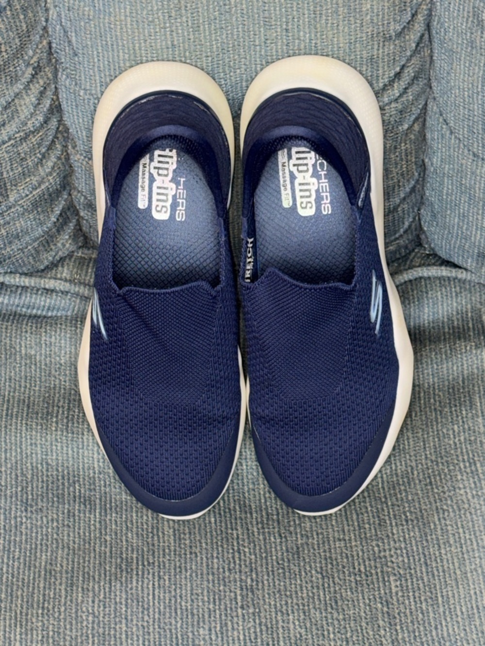 Skechers Navy Knit Slip-On Athletic Sneakers with White Sole